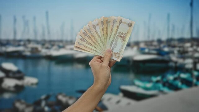 Man holding united arab emirates dirham banknotes at a seaside port with boats in the background, showcasing financial prosperity and leisure on a sunny day.