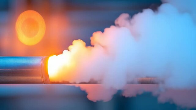 Steam Venting from Metallic Pipe with Orange Glow and Blurred Industrial Background