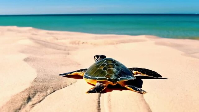  A video of a baby sea turtle hatching from its egg and making its way to the ocean, with the sand gently shifting around it as it movesnature resolution moving 4k video
