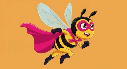 Illustration of a cartoon bee superhero flying, happy