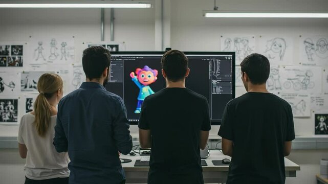Three Young Adult Male Animators Collaborating in a Modern Animation Studio, Working on a Colorful 3D Character Design Project with Digital Screens and Art Sketches