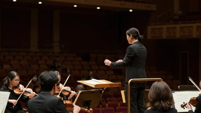 Female Conductor Leading a Symphony Orchestra During a Performance in a Nearly Empty Concert Hall with String Musicians and an Engaging Atmosphere