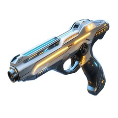 Futuristic Handgun: Sleek, futuristic handgun design with glowing blue and orange accents. High-tech weapon concept.  