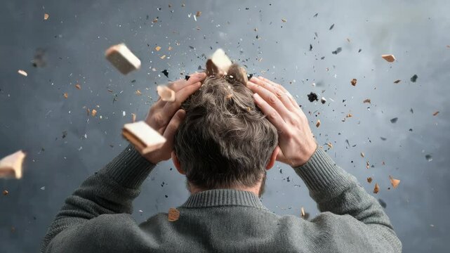 Man Holding His Head Surrounded by Floating Debris in a Moody Atmosphere