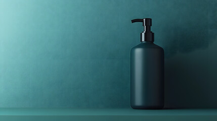 Stylish Pump Bottle on a Teal Surface: A minimalist composition featuring a sleek, black pump bottle on a muted teal surface, evoking a sense of modern sophistication and spa-like tranquility. 