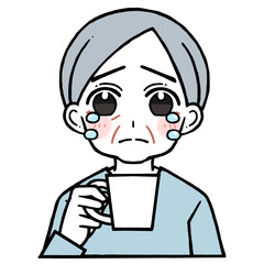 コップを持つ涙を流して泣く老人男性のイラスト