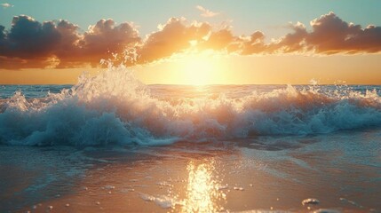 Naklejka premium Ocean waves crashing on beach at sunset golden hour