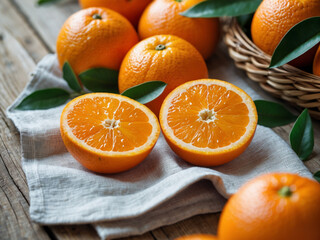 Close-up of halved oranges and whole oranges with green leaves near a wicker basket on a textured gray cloth and wooden surface.