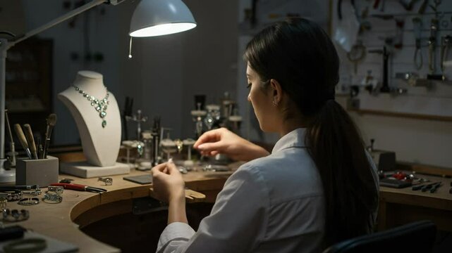 Artisan Female Jeweler Creating Beautiful Handmade Jewelry in a Workshop with Gemstone Details and Tools Under Soft Lighting in a Cozy Space