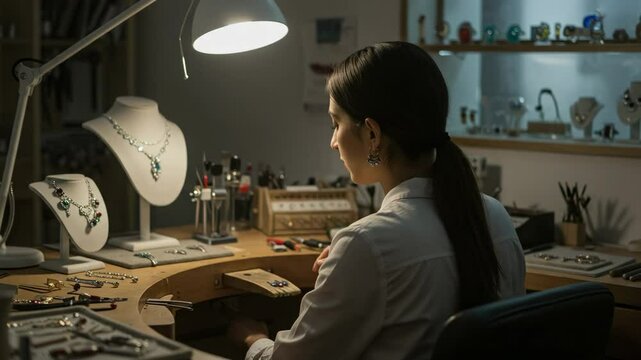 A Young Female Jewelry Artisan Creating Handcrafted Elegance in a Cozy Workshop Filled with Tools and Sparkling Adornments