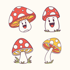 Fototapeta premium Cute Cartoon Mushroom Set. Happy Toadstool Characters, Hand-Drawn Vector Illustration