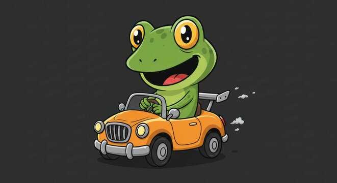 Cartoon of a frog driving a car with a smile