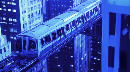 Vertical concept art of gravity trains connecting skyscrapers, blue mood