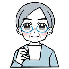 コップを持つ眼鏡の老人男性のイラスト