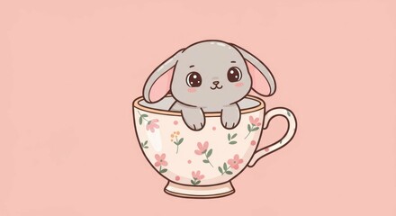 Cute bunny in a teacup cartoon illustration.