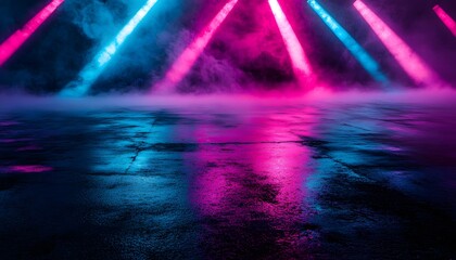 Obraz premium Neon lights reflecting on a wet concrete floor.