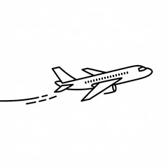 Minimalist line art travel air icon depicting a stylized airplane in flight against a clean white background