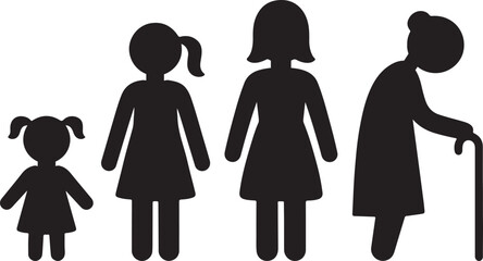 Female Life Stages Silhouette Design Aging Process from Toddler to Elderly Woman Vector.