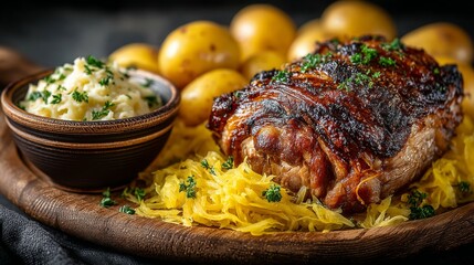 Schweinshaxe (Pork Knuckle): Roasted pork knuckle with golden crackling skin, surrounded by sauerkraut and hearty potatoes.