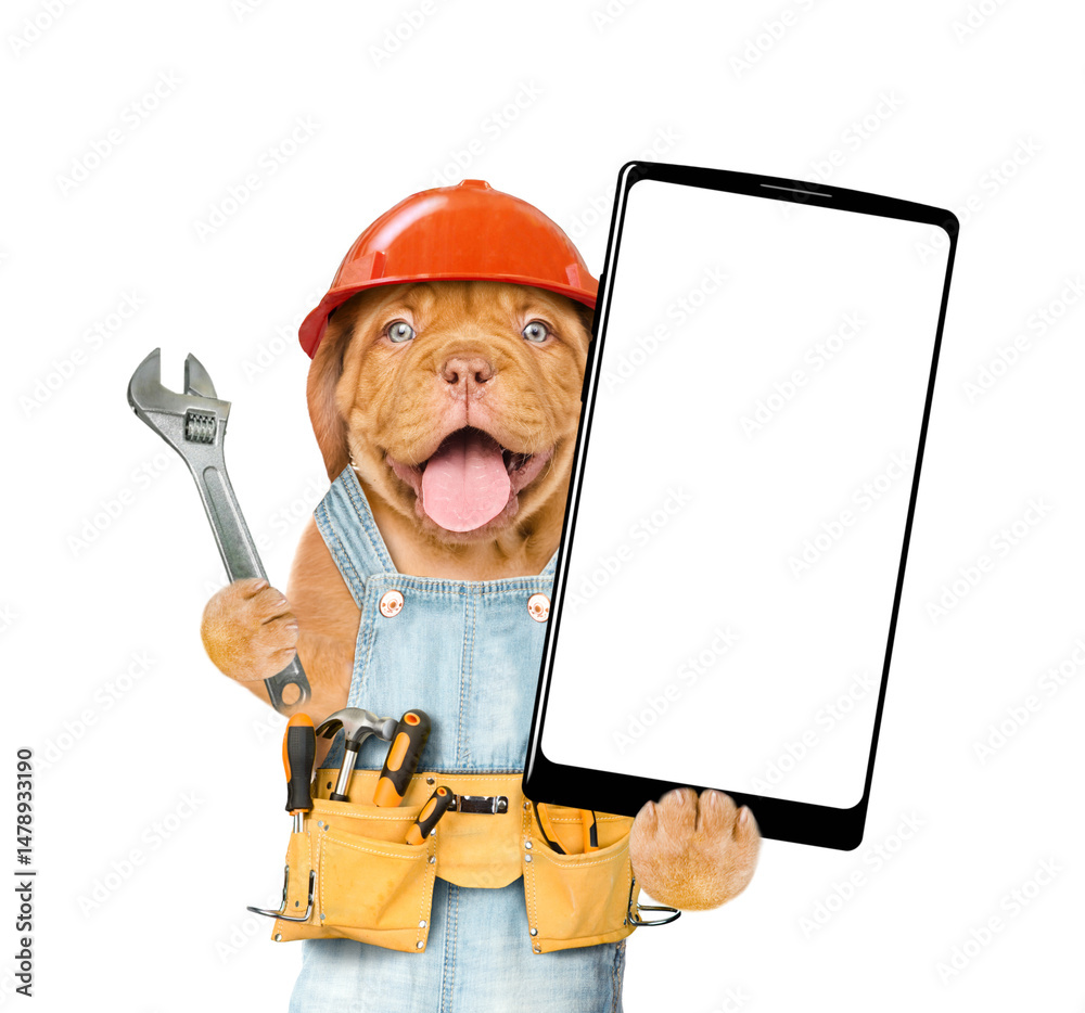Aufkleber happy mastiff puppy with adjustable wrench wearing hardhat and overalls with tool belt showing big s