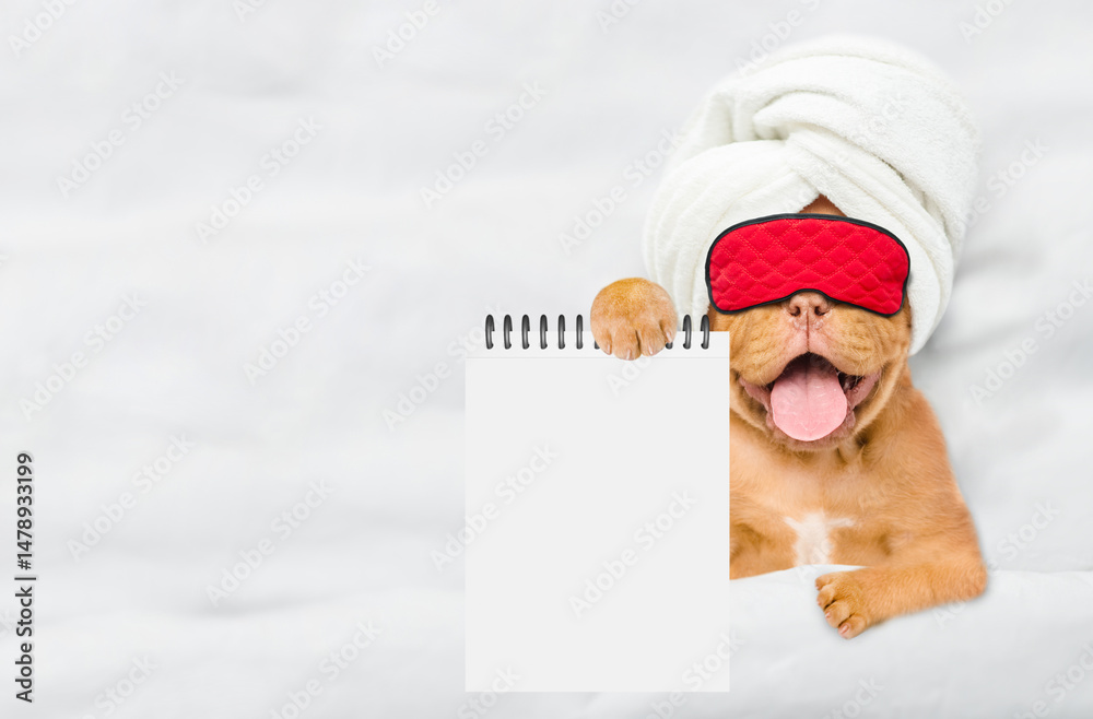 Aufkleber Yawning Mastiff puppy wearing mask for sleep lying under white blanket on a bed at home and showing blank notepad. Top down view. Empty space for text