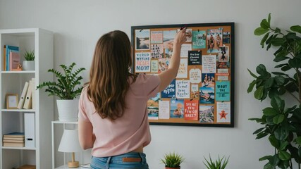 Woman Engaging with Vision Board in Modern Living Space: Creative Inspiration and Personal Growth in a Bright, Airy Atmosphere
