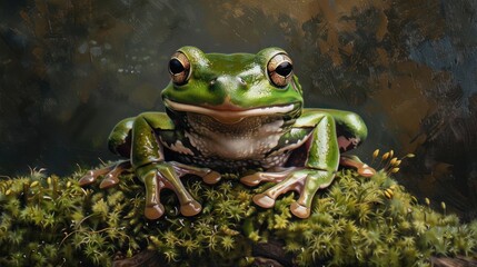 Close-up of a vibrant green frog perched on moss-covered branch.  A smiling frog, with large eyes, sits atop a bed of lush green moss, displaying striking 