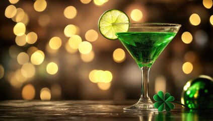 Emerald green cocktail garnished with lime slice