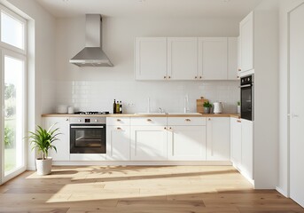 A bright and modern white kitchen features light wooden countertops and flooring, stainless steel appliances, and ample natural light streaming through the windows
