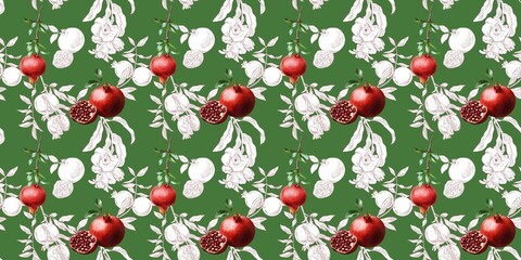 Vibrant floral and fruit pattern design featuring pomegranates and roses on a green backdrop