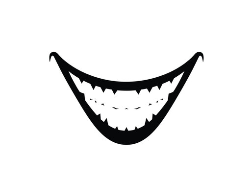 Joker smile silhouette. Image shows a black silhouette of a wide, sinister Joker smile with sharp, pointed teeth. Vector clipart illustration design.