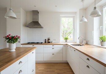 This photograph captures a bright kitchen with white cabinets, light wooden countertops and flooring, stainless steel fixtures, and large windows filling the space with daylight