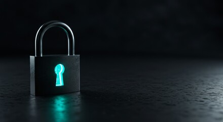 Fototapeta premium Close-up view of a dark metallic padlock with glowing teal keyhole.