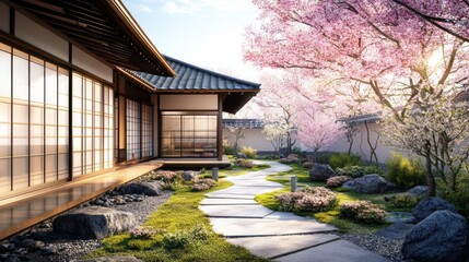 Fototapeta premium A tranquil view of a traditional Japanese house with sliding shoji doors, surrounded by a beautifully manicured garden featuring cherry blossoms and stone pathways