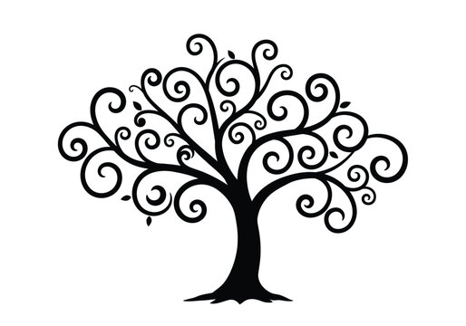 Swirly tree silhouette. Image shows a black silhouette of a tree with swirly branches. Vector clipart illustration design.