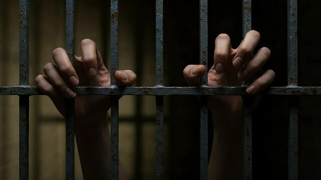 Close Up Of Hands Gripping Rusty Metal Bars In Dark Cell
