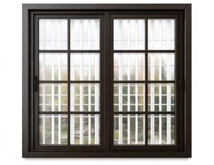 Fototapeta premium Dark brown double-hung window with divided panes, featuring white sheer curtains and a garden view