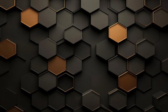 Dark honeycomb pattern with copper accents.  Hexagon shapes interlock in a  geometric design