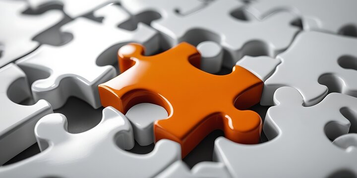 Close-up of an orange puzzle piece fitting into a white puzzle, symbolizing uniqueness, problem solving, teamwork, strategy, and the concept of completing the bigger picture.

