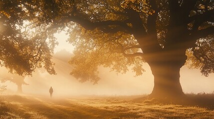 Misty morning walk through ancient oaks