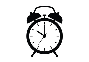 Alarm silhouette. This image depicts a black silhouette of an alarm clock with distinct ringing bells, symbolizing time management, urgency, and notifications. Vector clipart illustration design.