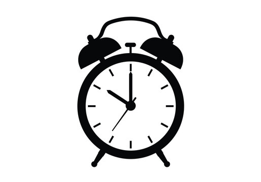 Alarm silhouette. This image depicts a black silhouette of an alarm clock with distinct ringing bells, symbolizing time management, urgency, and notifications. Vector clipart illustration design.