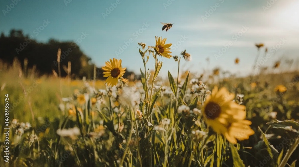 Poster a vibrant image of bees buzzing around sunflowers, emphasizing the importance of pollinators in natu