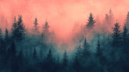 Fototapeta premium Misty Mountain Forest at Dawn: A Serene Landscape