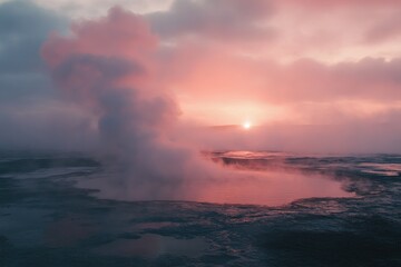 Sunrise over geothermal area, steam rising