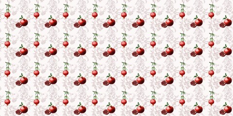 Red tomatoes and flowers pattern on light background creates a vibrant textile design for kitchen decor