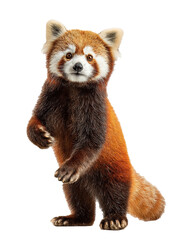 Red panda standing on hind legs with soft fur and curious expression