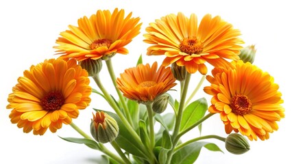 Fototapeta premium Bright and sunny calendula flowers in full bloom against a white backdrop