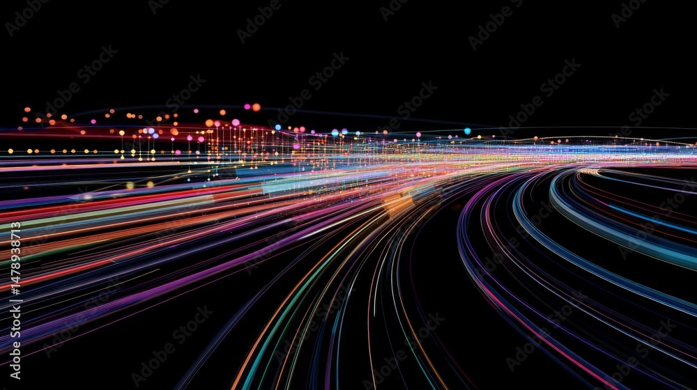Aufkleber Digital abstract composition with a network of colored lines and dots on a dark background, representing data flow and connectivity