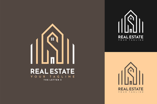 Modern real estate logo design with abstract house and letter S in minimalist geometric style, elegant branding template
